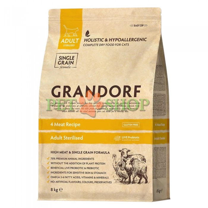 <p><strong>Сухой корм GRANDORF для стерилизованных кошек 4 вида мяса с бурым рисом и пробиотиками 4 Meat Recipe Adult Sterilised 8 kg</strong></p>