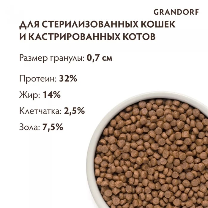 <p><strong>Сухой корм GRANDORF для стерилизованных кошек 4 вида мяса с бурым рисом и пробиотиками 4 Meat Recipe Adult Sterilised 8 kg</strong></p>