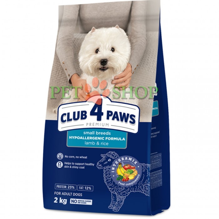 <p>Hrana uscata premium <strong>Club 4 Paws&nbsp;Small Breeds Lamb, Rice</strong> contine o formula hipoalergenica pe baza de carne de miel dietetica si orez, care reduce la minimum factorii ce pot provoca reactii alergice. Nu contine porumb, grau, coloranti sau arome artificiale, fiind ideala pentru caini adulti de toate rasele, incepand cu varsta de 1 an, care sunt predispusi la alergii.</p>