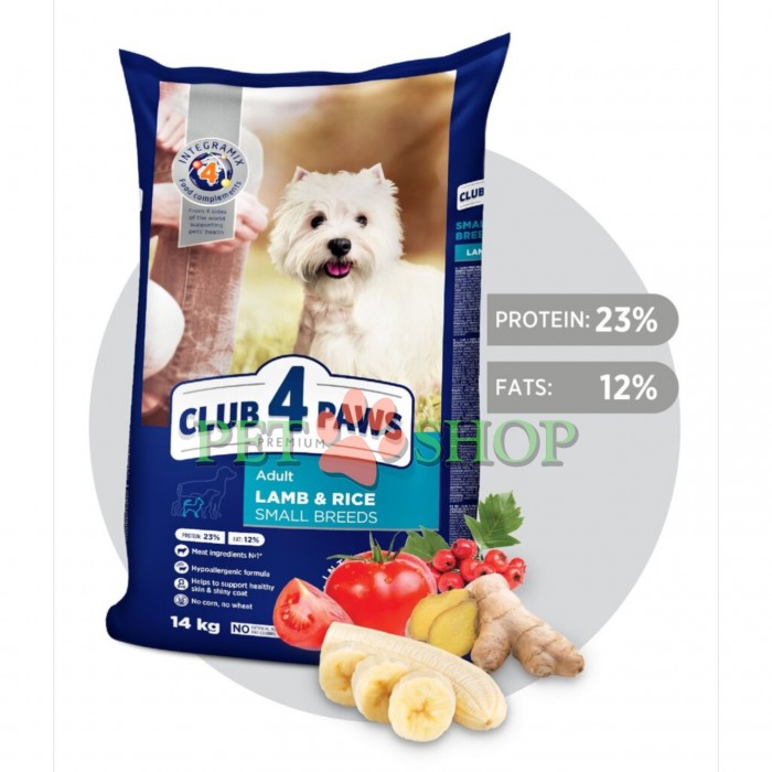 <p>Hrana uscata premium <strong>Club 4 Paws&nbsp;Small Breeds Lamb, Rice</strong> contine o formula hipoalergenica pe baza de carne de miel dietetica si orez, care reduce la minimum factorii ce pot provoca reactii alergice. Nu contine porumb, grau, coloranti sau arome artificiale, fiind ideala pentru caini adulti de toate rasele, incepand cu varsta de 1 an, care sunt predispusi la alergii.</p>