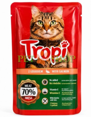 <p><strong>Tropi with salmon&nbsp;100 gr</strong>&nbsp;&icirc;n sos &ndash; hrană umedă pentru pisici cu carne de somon &ndash; bucățele apetisante de hrană umedă, cu un gust plăcut și o compoziție benefică.</p>