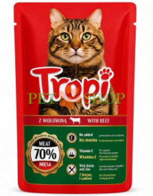<p><strong>Tropi with beef 100 gr</strong>&nbsp;&icirc;n sos &ndash; hrană umedă pentru pisici cu carne de vită &ndash; bucățele apetisante de hrană umedă, cu un gust plăcut și o compoziție benefică.</p>
