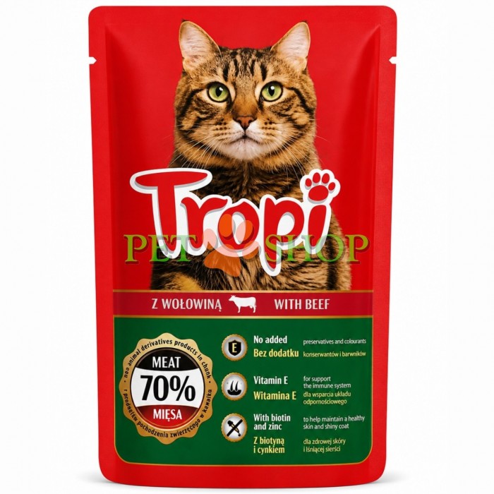 <p>Влажный корм <strong>Tropi with beef 100 г в соусе</strong> для кошек с говядиной -&nbsp;влажные аппетитные кусочки корма имеют приятный вкус и полезный состав.</p>