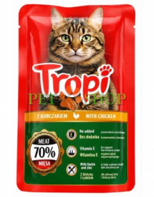 <p>Влажный корм <strong>Tropi with poultry 100 г в соусе</strong> для кошек с курицей -&nbsp;влажные аппетитные кусочки корма имеют приятный вкус и полезный состав.</p>