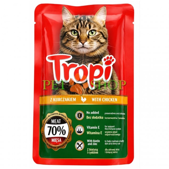 <p>Влажный корм <strong>Tropi with poultry 100 г в соусе</strong> для кошек с курицей -&nbsp;влажные аппетитные кусочки корма имеют приятный вкус и полезный состав.</p>