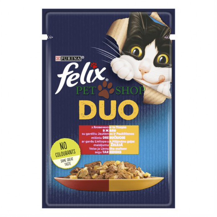 <p><strong>Консервы Felix Fantastic Duo изготовлены из высококачественных ингредиентов. Нежные кусочки, которые отлично сочетают в себе два мясных вкуса - говядины и птицы в желе. Благодаря этому, теперь Ваша кошка может наслаждаться двумя вкусами одновременно!</strong><br />
 </p>