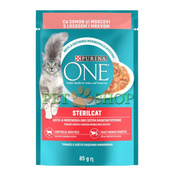 <p><strong>Hrana umeda pentru pisici Purina One Sterilcat, Mini Fileuri In Sos, Somon & Morcovi 85 gr</strong></p>