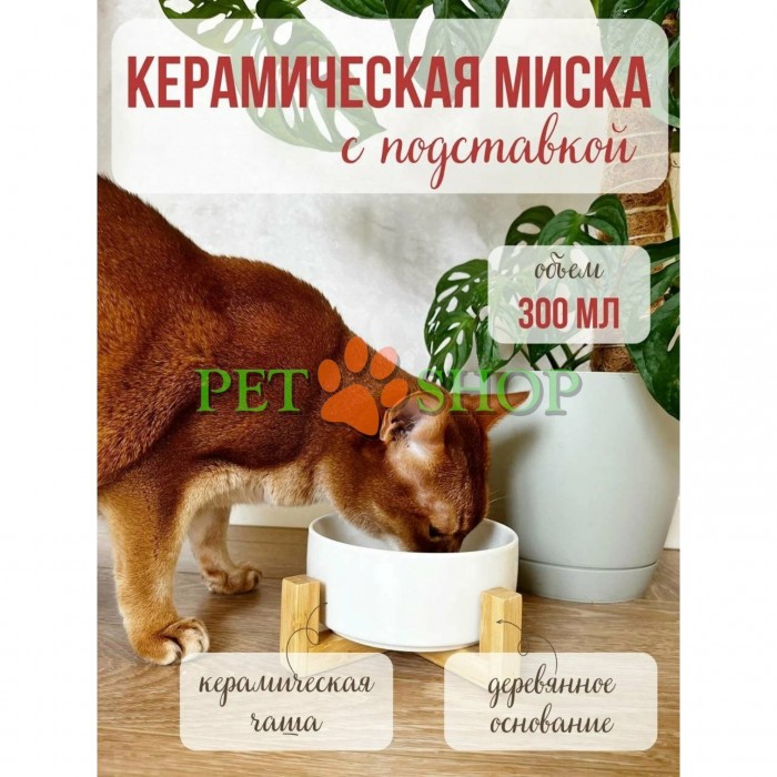 <p><strong>Керамическая нескользящая миска с бамбуковой подставкой &mdash; стильный и практичный аксессуар для комфортного кормления кошек и собак мелких пород.</strong></p>